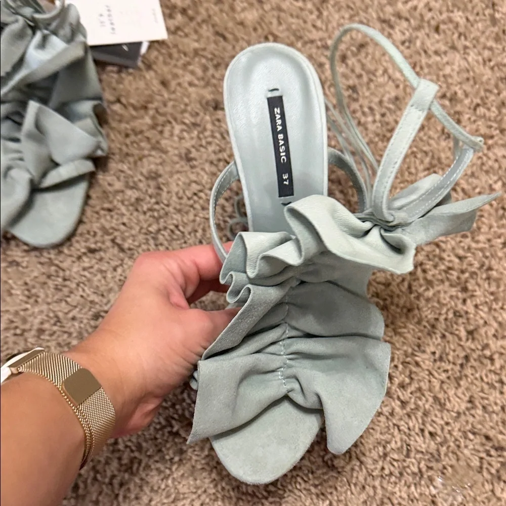 Zara Ruffled Sage Green Sandals - Picture 2 of 4